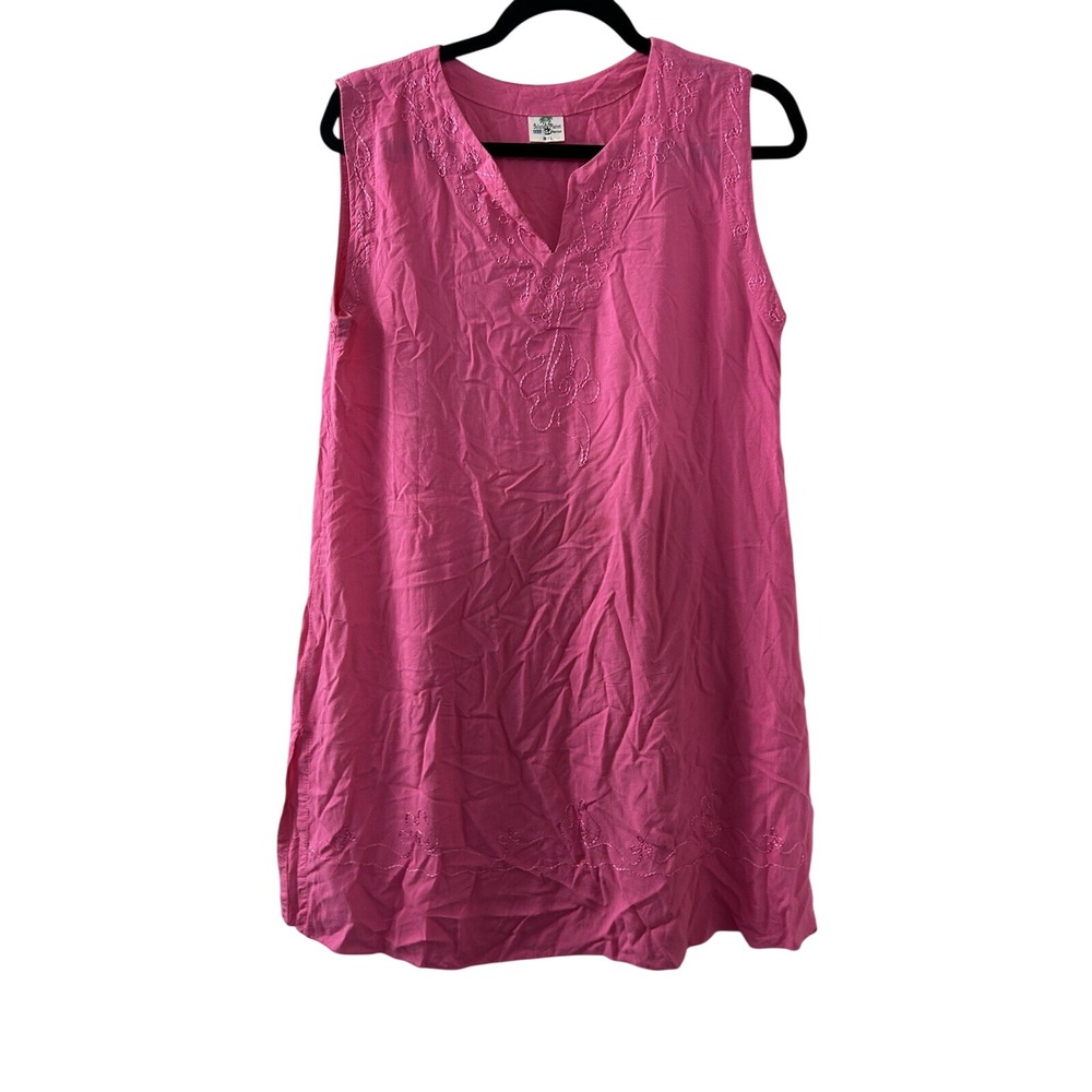 Island Planet Embroidered Tunic M/L Pink Sleeveless Rayon Boho Tropical Beach